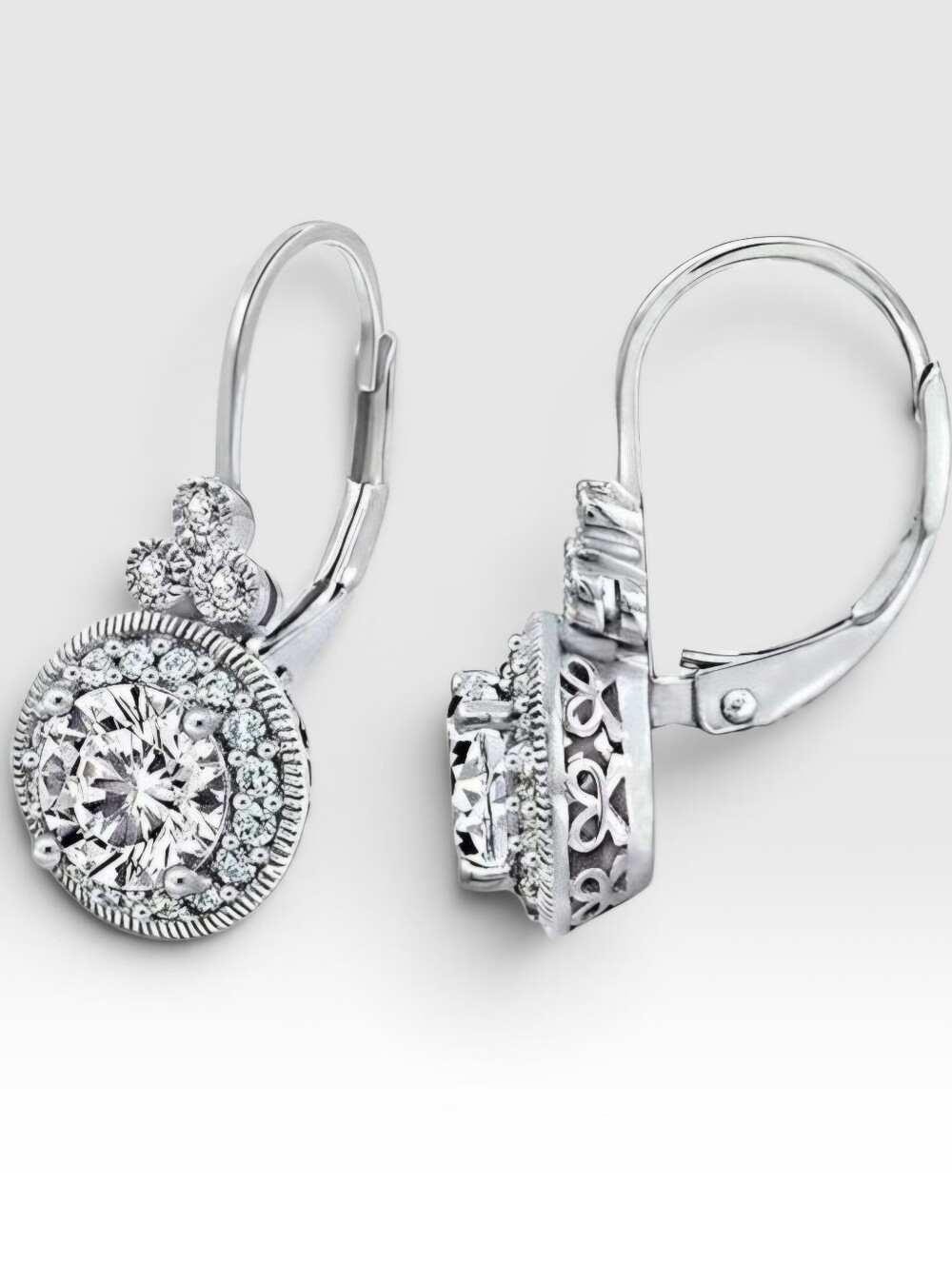 π 925 Sterling Silver CZ Diamond Halo Lever Back Drop Earrings Art Deco - Picture 6 of 15